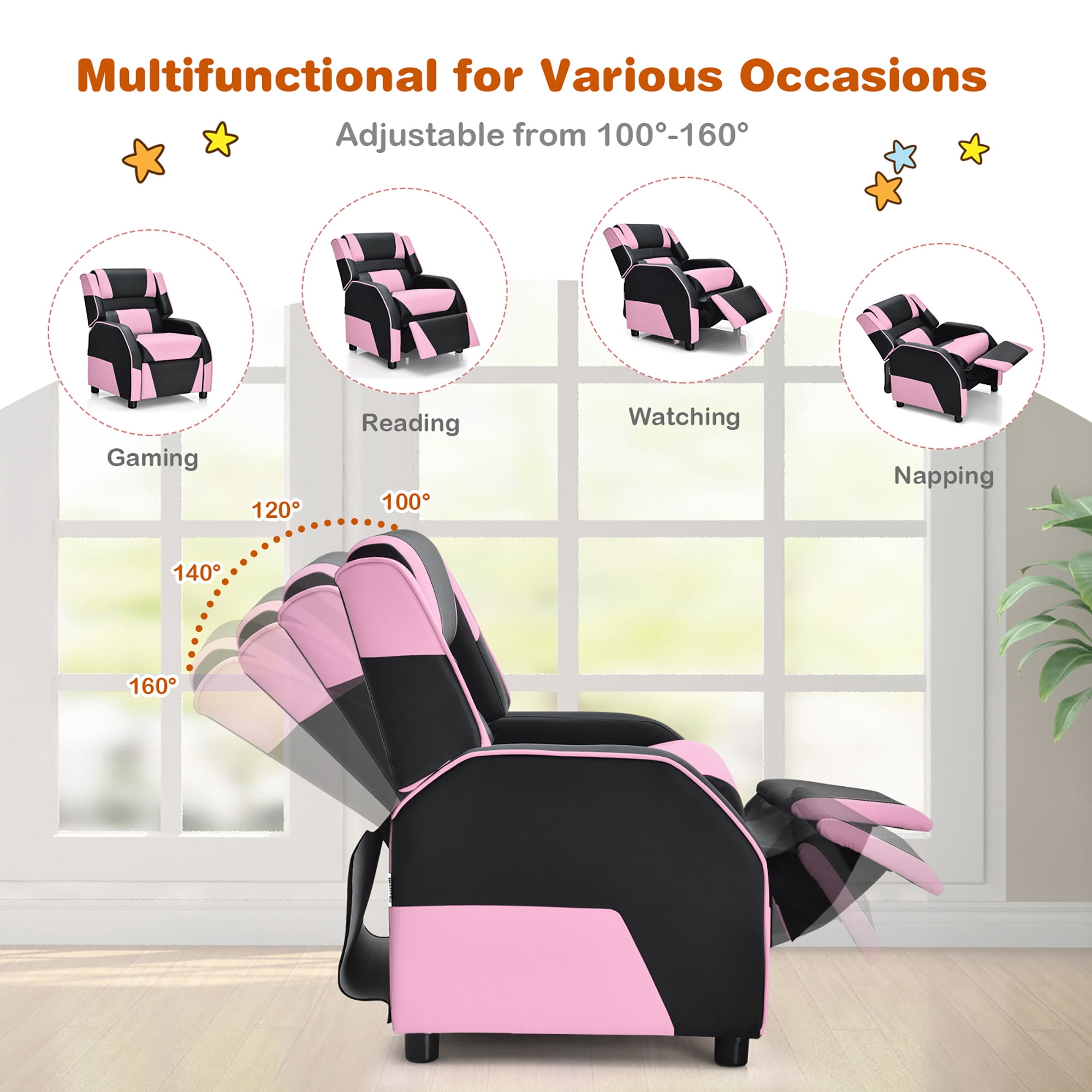 Costway Kids Youth Gaming Sofa Recliner w/ Headrest & Footrest PU Leather Pink