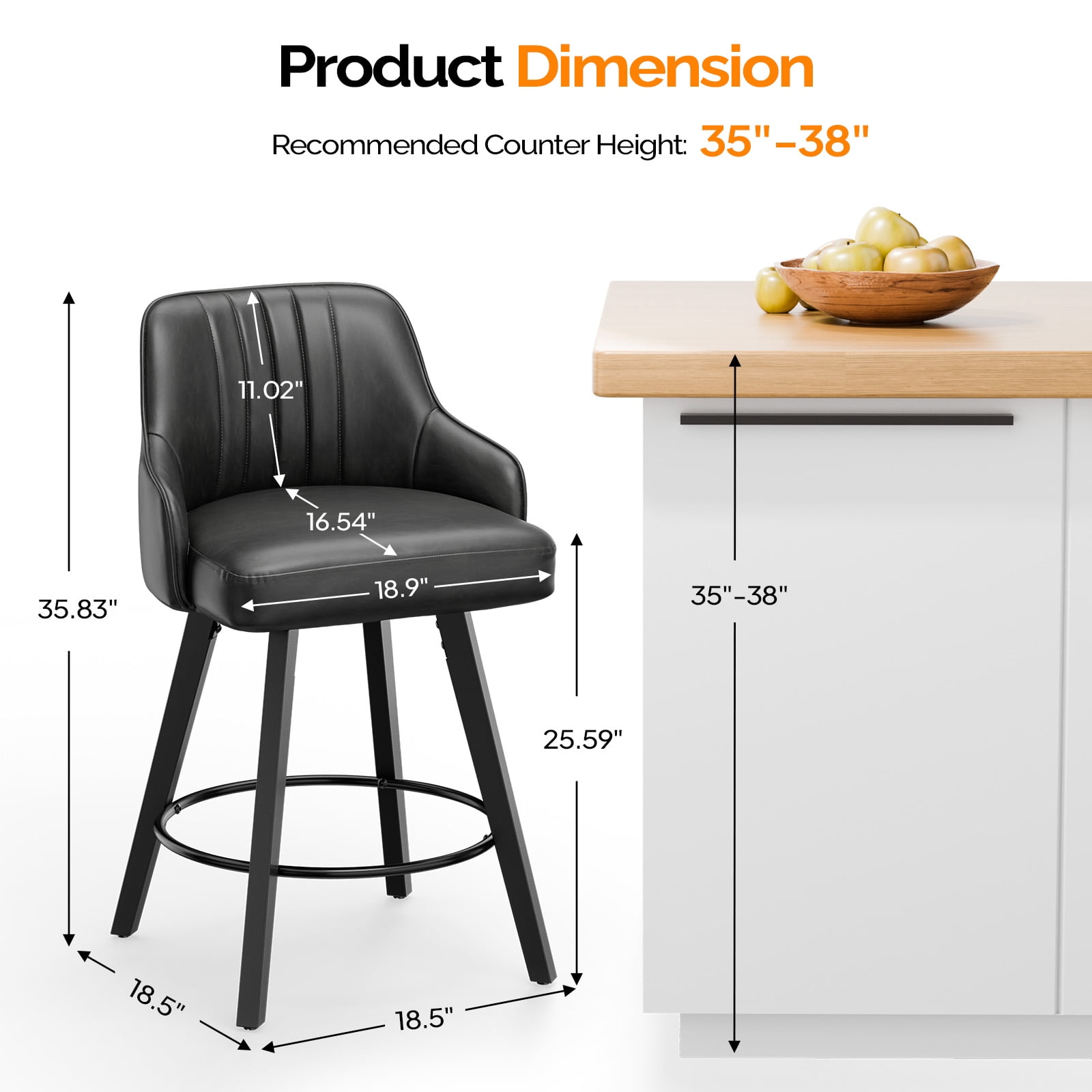 Ktaxon Swivel Bar Stools, 35" Counter Height Adjustable Bar Stools for Kitchen Island, Modern Black, 1 PCS
