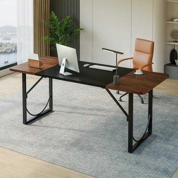 Pinmoco 63" Executive Desk, Lager Writing Desk with Metal Frame, Home and Office, Black with Walnut