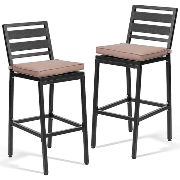 Outdoor Bar Stools Set of 2,Counter Height Stool Chairs with Cushion,Stools with Wood Top Low Back,Kitchen Dining Chairs with Adjustable Foot Pads Modern Bar Chairs Black