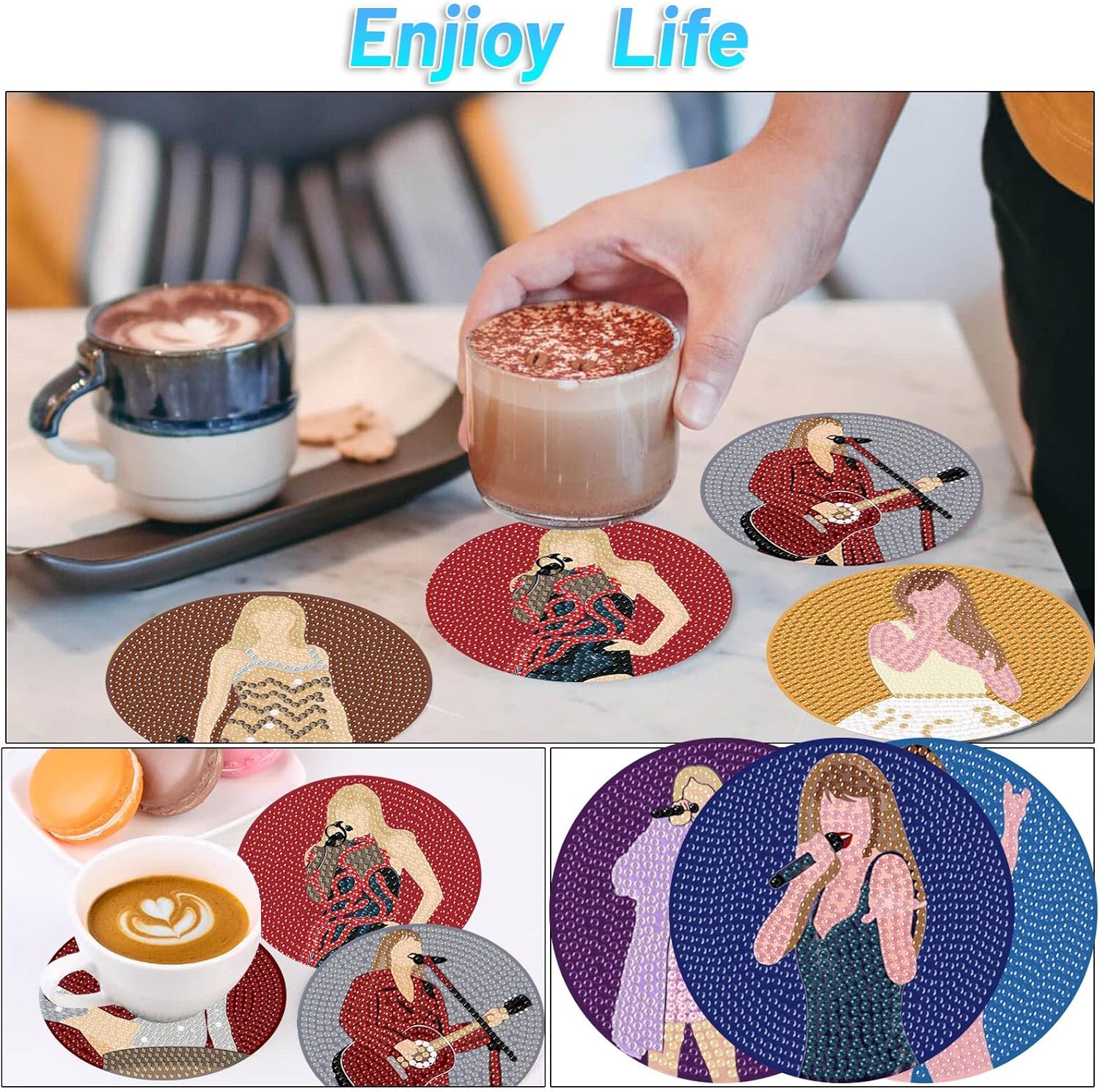 Pop Star Diamond Painting Coasters Kits for ults, 8PCS Pop Diamond Art Coaster Kits with Holder, Small Diamond Painting Kits for ults & Kids Art Craft Supplies, Bdwy041