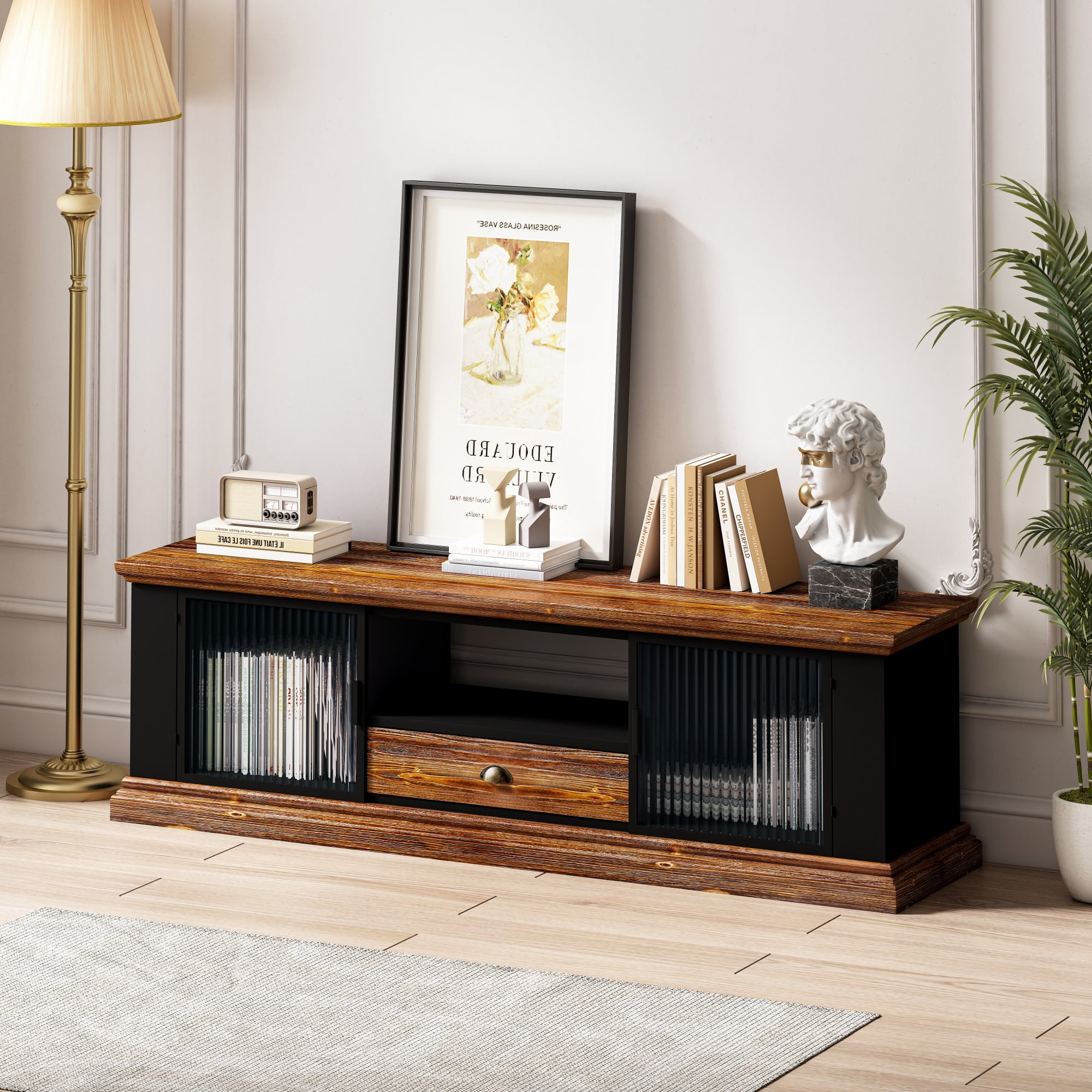 Resenkos Modern TV Stand with 2 Storage Cabinets and Drawer, TV Console Table Media Entertainment Center for Living Room Black&Brown Resenkos Modern TV Stand with 2 Storage Cabinets and Drawer, TV Console Table Media Entertainment Center for Living Room Black&Brown