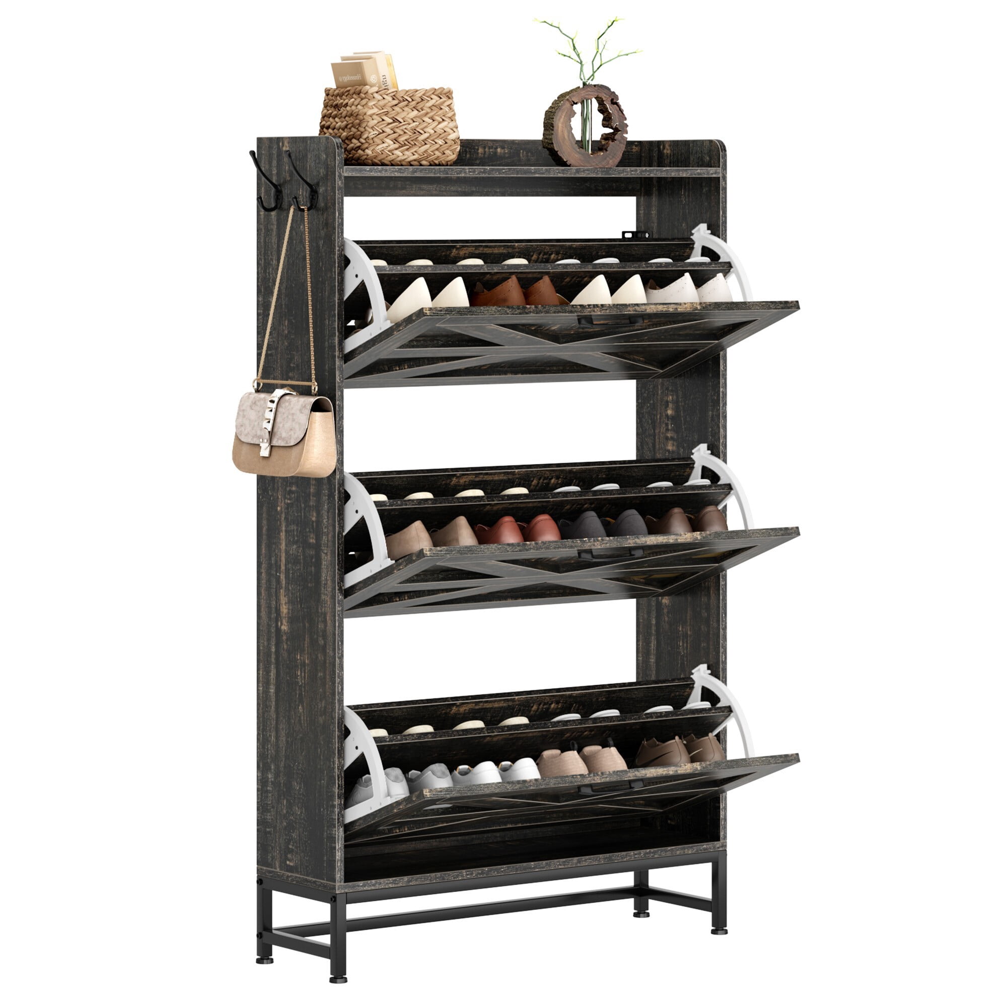 AENKYO Narrow Rustic Shoe Cabinet with Flip Drawers, 3-Tier Entryway Shoe Organizer, Charcoal gray