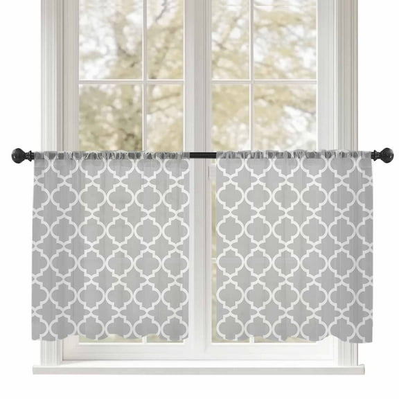 Moroccan Sheer Curtains 54 inches Long, Light Grey Geometric Farmhouse Abstract Modern Light Filtering Sheer Window Curtains Rod Pocket Voile Drapes for Bedroom Living Room, 52"W x 54"L 2 Panels