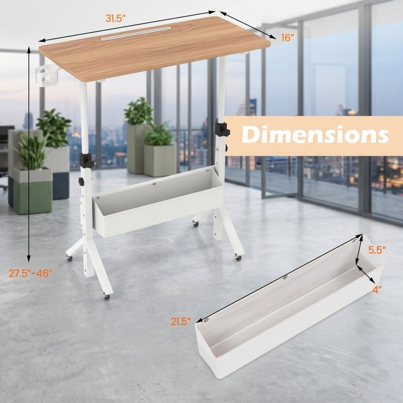 Furnibear Mobile Standing Desk and Height Adjustable Rolling Laptop Desk with Cup Holder Storage Basket and Lockable Wheels for Home Office, Natural
