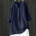 thumbnail image 2 of Herrnalise Shirts for Women Trendy Summer V-Neck Long Sleeve Loose Button Cotton And Linen Tunic Shirts Summer Top Blouse night shirts for women Navy, 2 of 5
