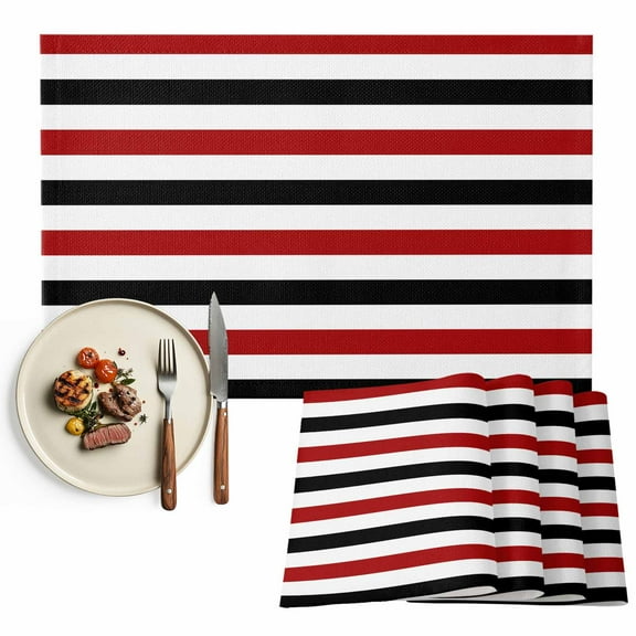 Placemats Set of 6, Red Black Stripes Place Mats White Classic Striped Tablemats Washable Placemat Table Decoration for Kitchen Table Dinner Party Home Decor Indoor Outdoor 13x19 Inch