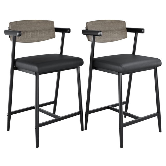 Juego de 2 Bancos para Barra con Respaldo de Madera - Asiento Tapizado en Cuero Sintético Gris, Estructura de Metal Reforzada y Reposapiés Ergonómico - Altura de Mostrador 66 cm