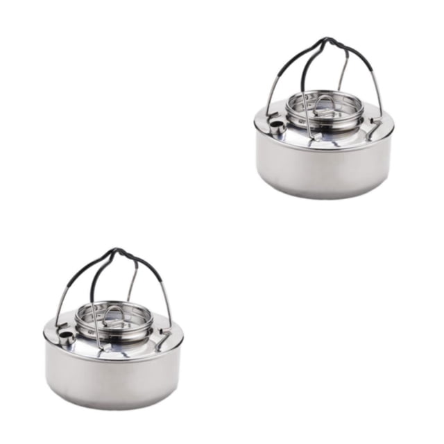 Eigraketly Hervidor de agua para acampar, tetera con asa para exteriores, cafetera de acero inoxidable, ligera para senderismo, granja, Color Acero 2piezas