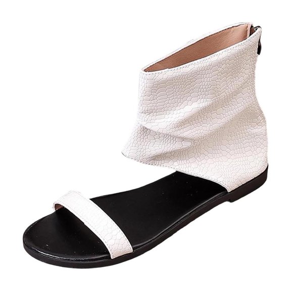 Gpaecead Women Back Zipper Ankle Boot Flat Sandals Open Toe Leather Texture Breathable Non Slip Summer Comfortable Flats, White