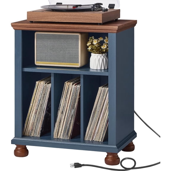 Record Player Stand with Charging Station Up to 200 Albums, 24" Wide Mid-Century Record Player Table with Vinyl Record Storage,Large Wood Turntable Stand Dispaly Cabinet for Living Room,Blue