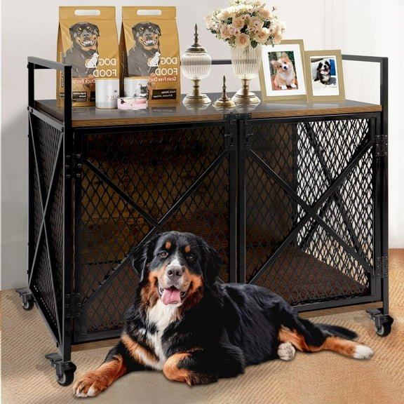 SAEWUD 41IN Wooden Dog Crate Furniture for Large & Medium Dogs – Heavy Duty Indoor Dog Kennel with Lockable Wheels, Furniture Style Dog Cage for Living Room, Pet Crate with Modern Design
