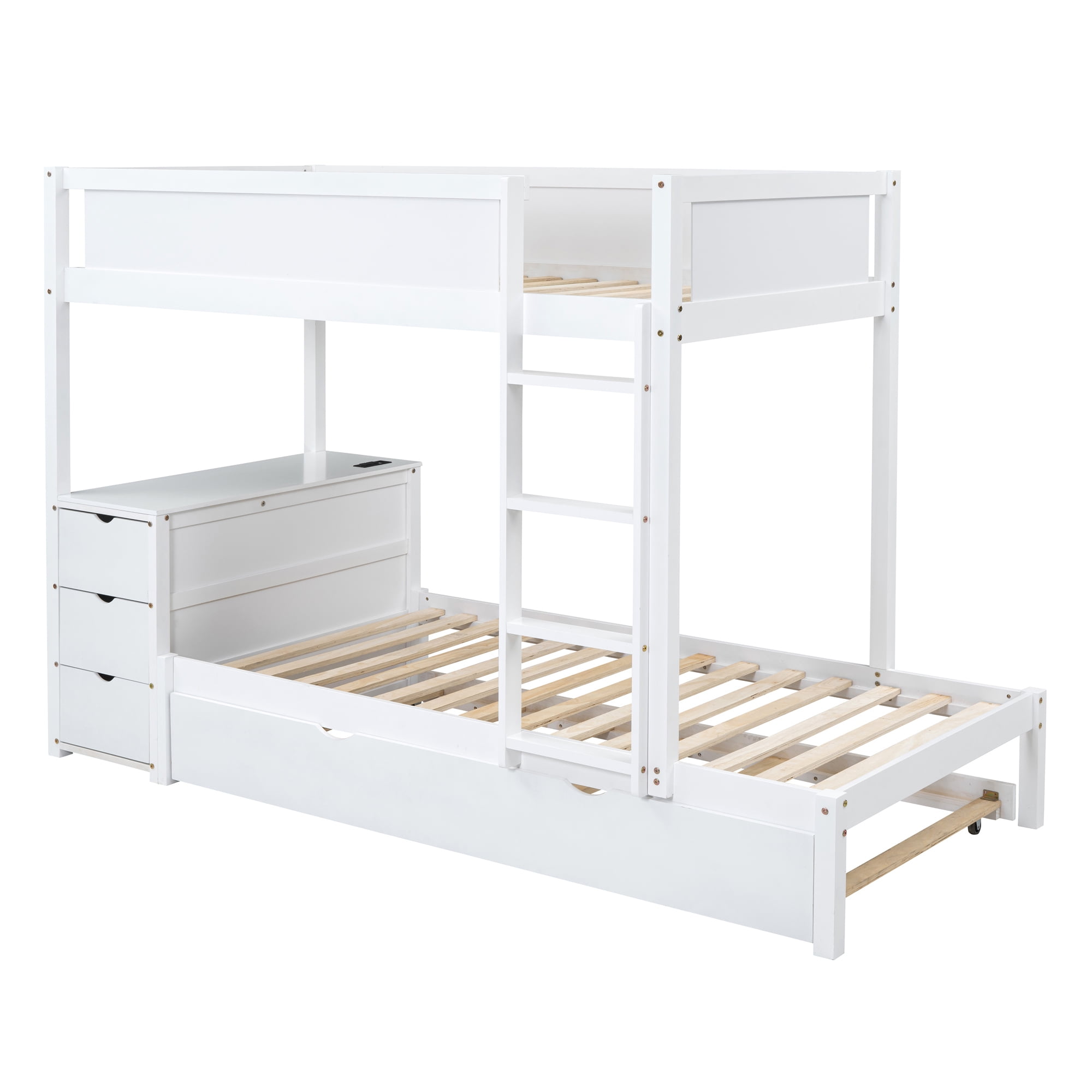 Twin over Twin Bunk Bed with Twin Size Trundle, 3 Storage Drawers and Desk, Solid Wood Kids Bunk Bed Frame with Ladder for Kids Teens Adults