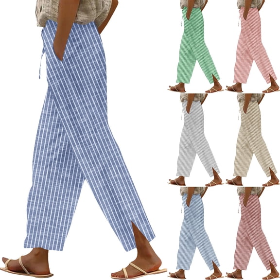 Womens Vertical Striped High Waisted Linen Pants Elastic Drawstring Straight Leg Side Split Full Length Trousers Summer Casual Vacation Trousers with Pockets , #01 Blue, M