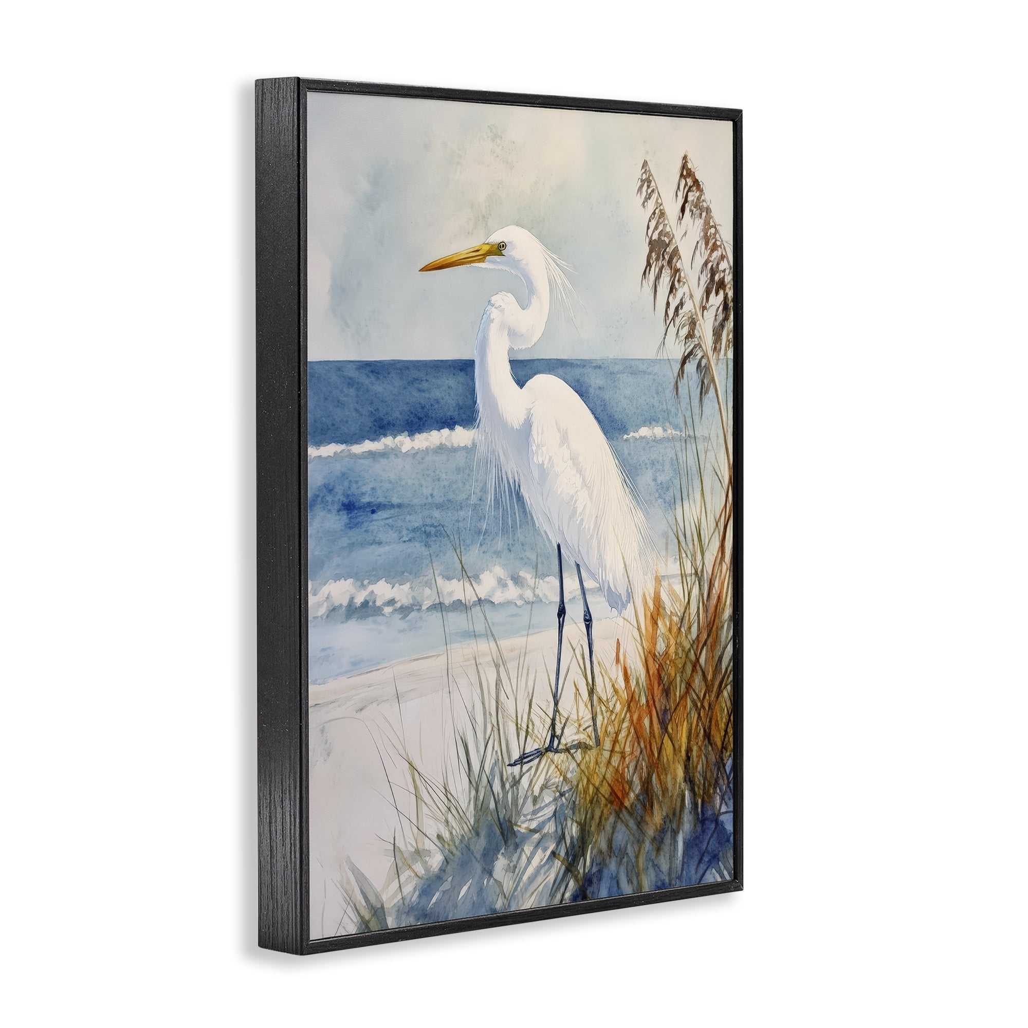 Stupell Industries Egret By The Waves Black Framed Giclee Art, design by Petal Prints Design