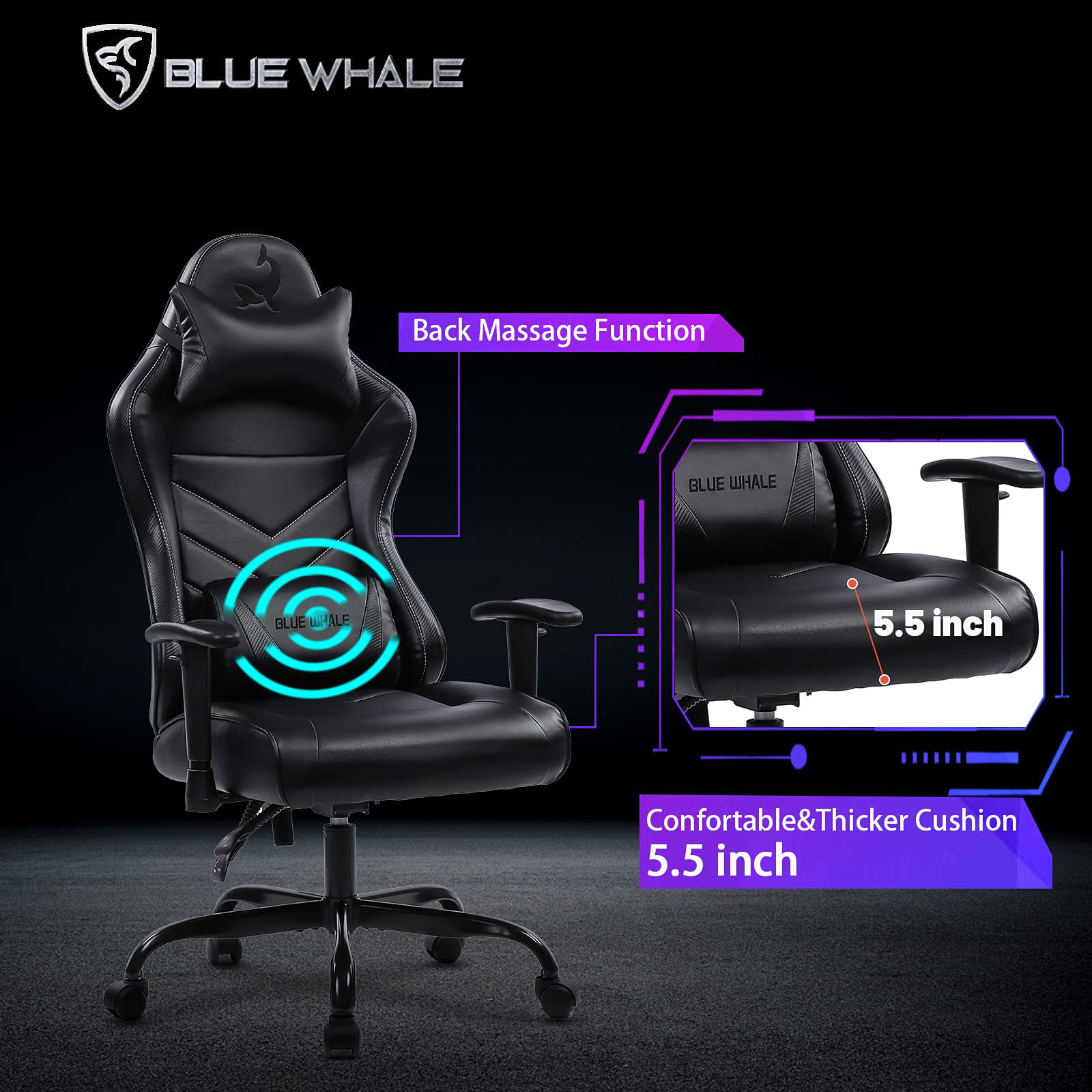 Blue Whale Massage Gaming Chair with Footrest and 350LBS Metal  Base,Thickened Seat Cushion,3D Adjustable Armrest, Big and Tall Ergonomic  Office Computer Chair 