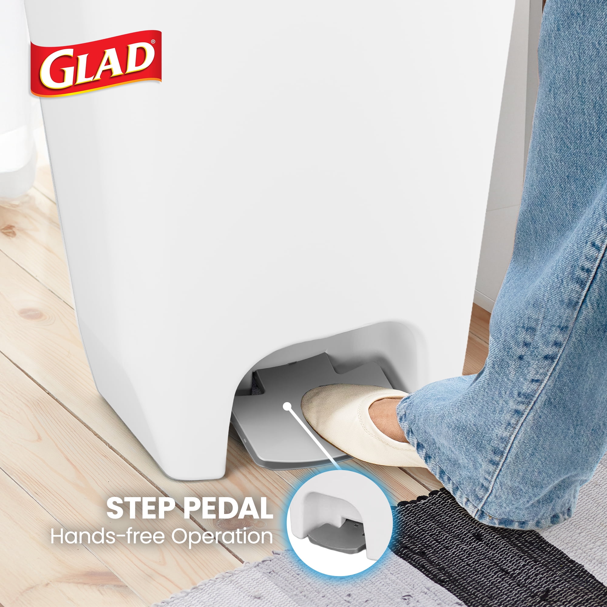 Glad Kitchen Trash Can with Lid, Step Foot Pedal and Garbage Bag Rings, 13 Gallon, White