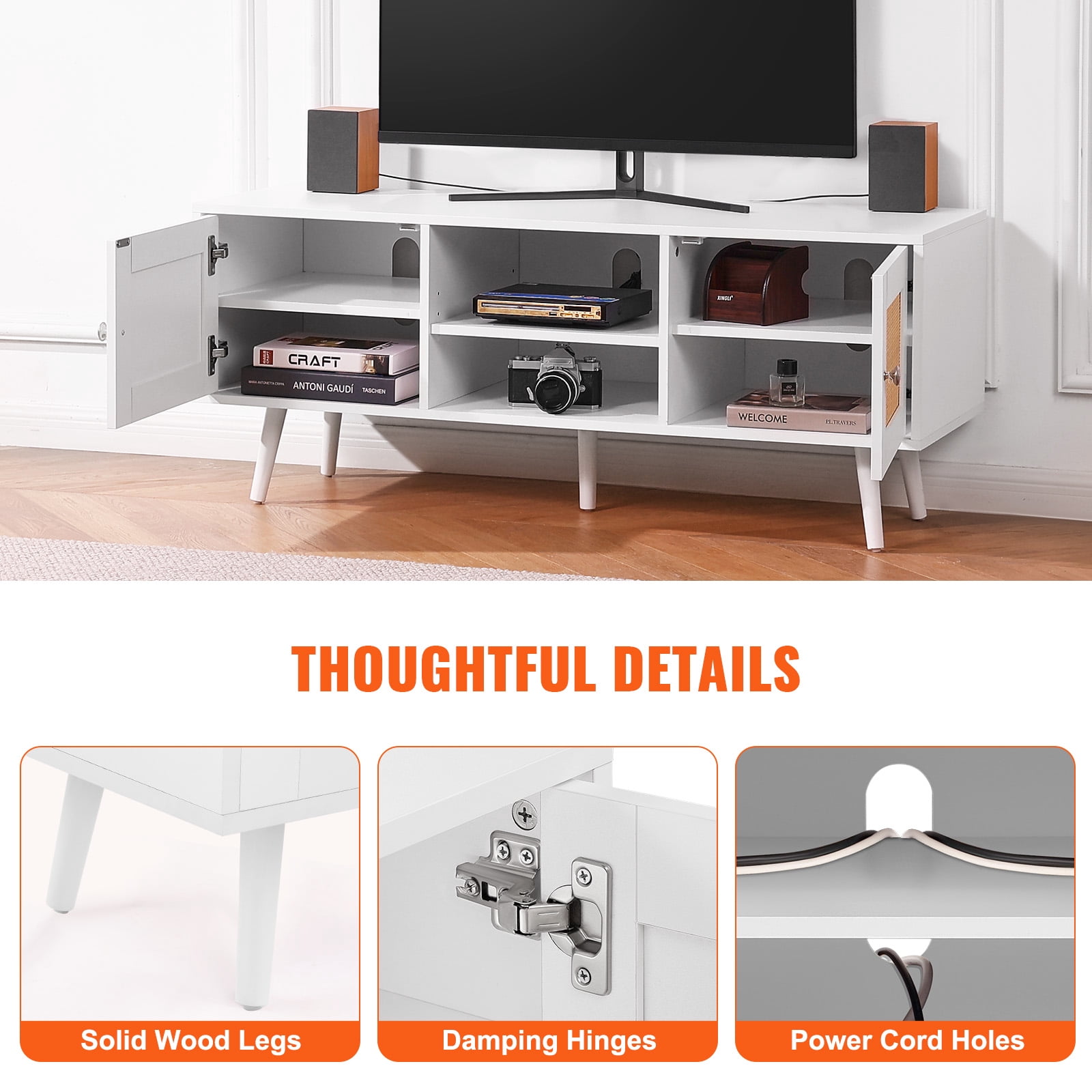 KFFKFF Wicker Television Stand, Bohemian Entertainment Center for 55" TVs, Contemporary Media Console with Flexible Shelving, Ideal for Living Spaces, Media Areas, in White