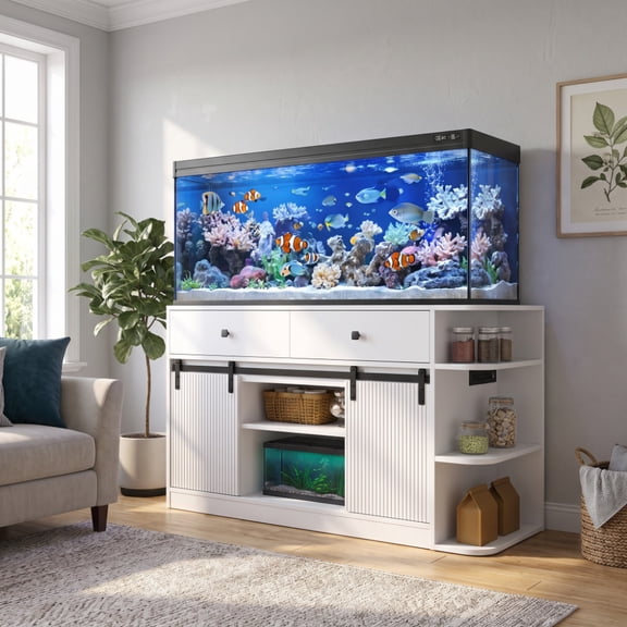 55-75 Gallon Aquarium Stand with LED Light and Power Outlet, Sliding Door, Ample Storage Space, 1200 lb Weight Capacity