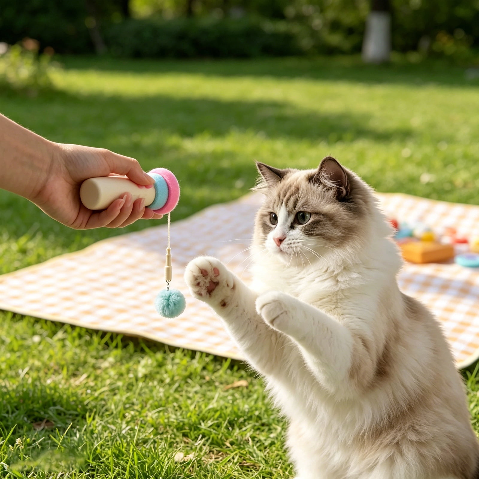 Electric Cat Wand Toy with Telescopic Rope, Cat Teaser Game Interactive Cats Toys Fuzzy Ball Launchers Funny Enrichment Toys for Bored Indoor Pets