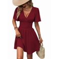 thumbnail image 2 of Women'S Ruched V Neck High Waist Casual Short Sleeve A-Line Dress Wine Red XL, 2 of 9