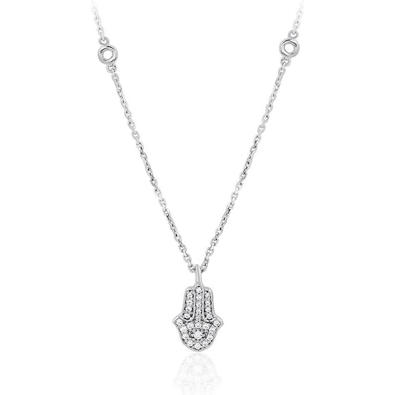 CARATS FOR YOU 1/5 Ct Round Natural Diamond 10K White Gold Hamsa Hand 18" Chain Necklace (0.19 Carat, I-J Color, I2-I3 Clarity)