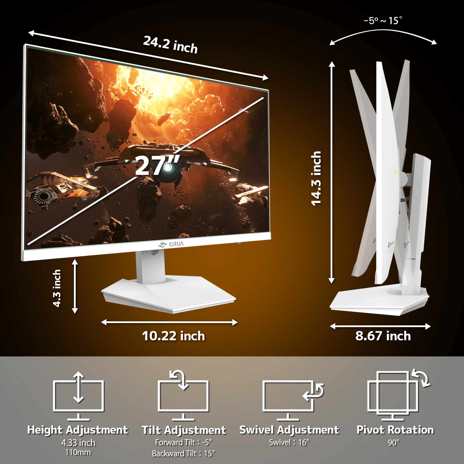 CRUA 27” Gaming Monitor, UHD (3840x2160) Dual Mode (4K 160Hz or FHD 320Hz), 120% sRGB, Support FreeSync, Built-in Speakers, Height adjustable, RGB Lighting, HDMI & DP, Wall Mount Install-White