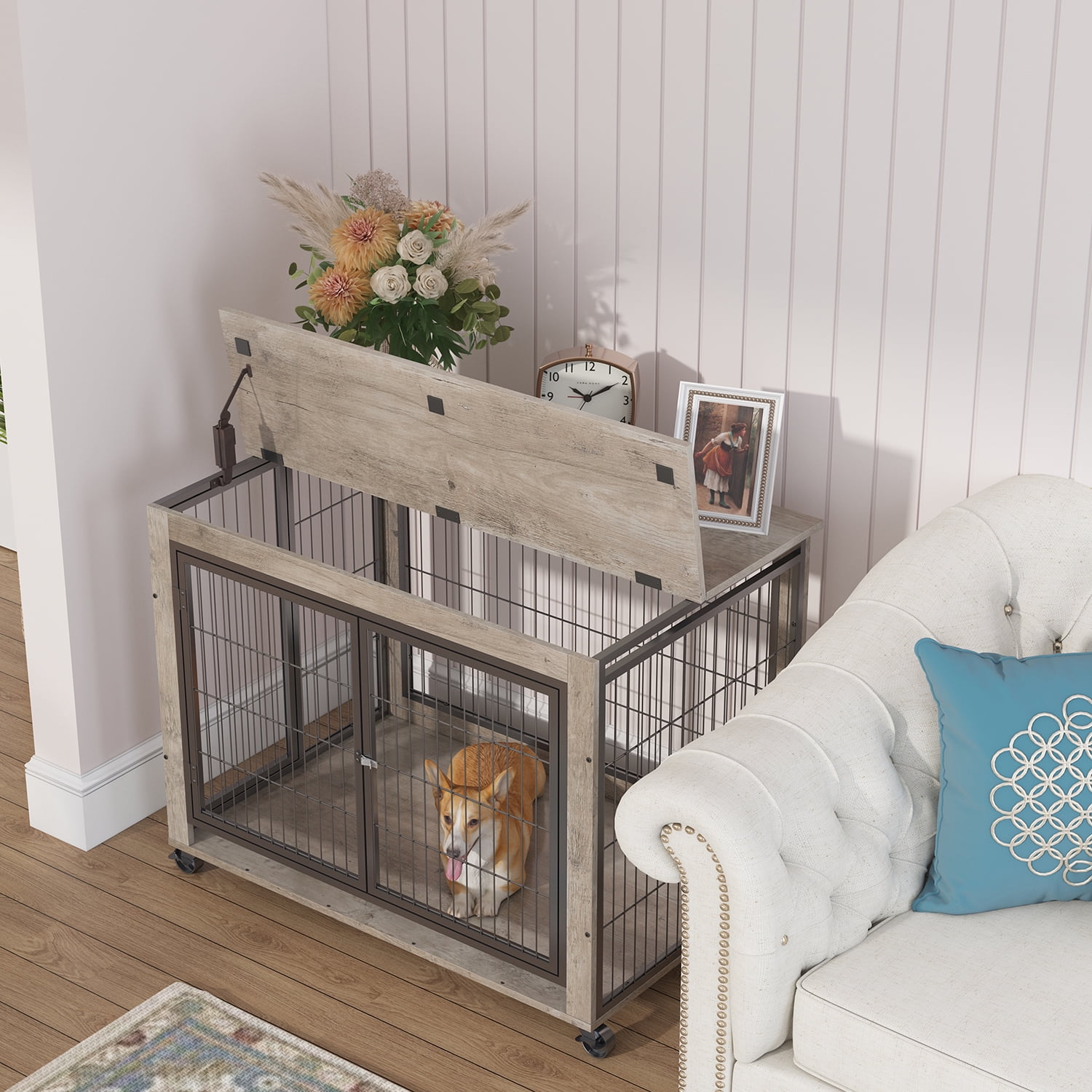 Kadyn 38.58" L Dog Crate Side Table on Wheels with Double Doors and Lift Top, Grey