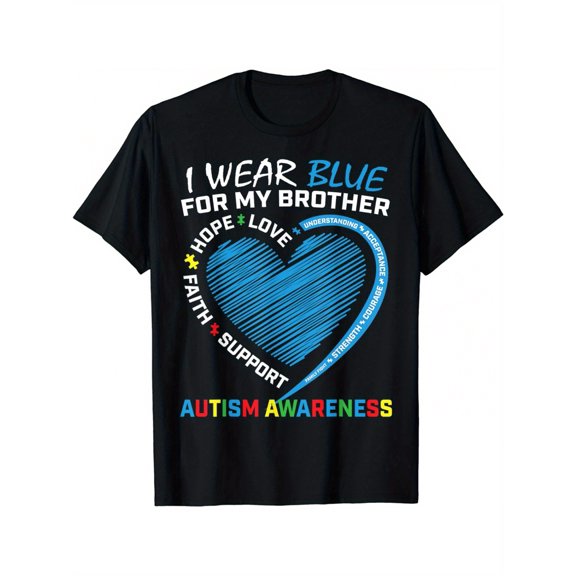 I Wear Blue for My Brother Autism Awareness T-Shirt – Soft Cotton Crew Neck Tee with Heart Graphic & Supportive Message, Casual & Comfortable for Casual Attire, Autism Shirt