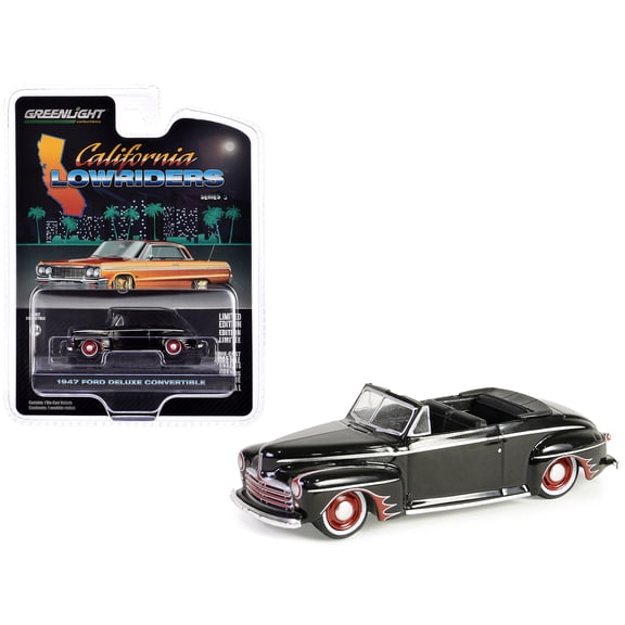 1947 Ford Deluxe Convertible Lowrider Black wit h Red Graphics "California Lowriders" Series 5 1/64 Diecast Model Car by Greenlight