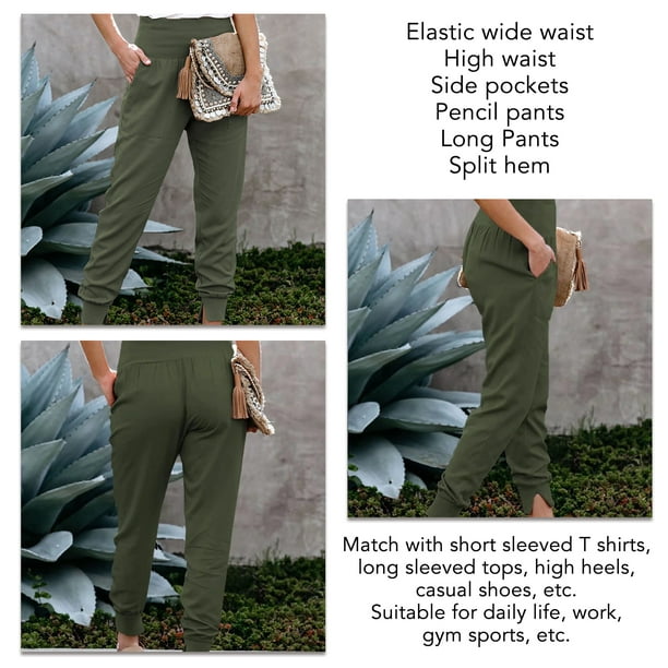Womens Elastic High Waist Split Hem Pockets Trousers Ladies Asual  Sweatpants Loose Drawstring Pencil Pants 