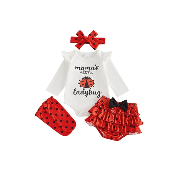 RUINIXCW Baby Girl Ladybug Outfit Letter Print Long Sleeve Romper Dot Print Ruffled Shorts Stockings and Bow Headband 4 Piece Fall Set