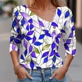 thumbnail image 2 of V Neck Tops for Women Dressy Tunic T-Shirts Juniors Pleated Button 3/4 Length Sleeve Blouse Teen Girls Casual Cute Floral Print Pullover Tee, 2 of 5