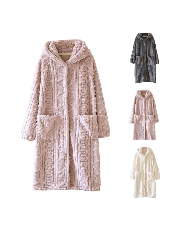 Womens Cotton Fleece Robes with Hood Winter Warm Plush House Coats Button Down Long Bathrobes Loose Fit Long Sleeve Sleepwear Cozy Soft Robe with Pockets Beige L