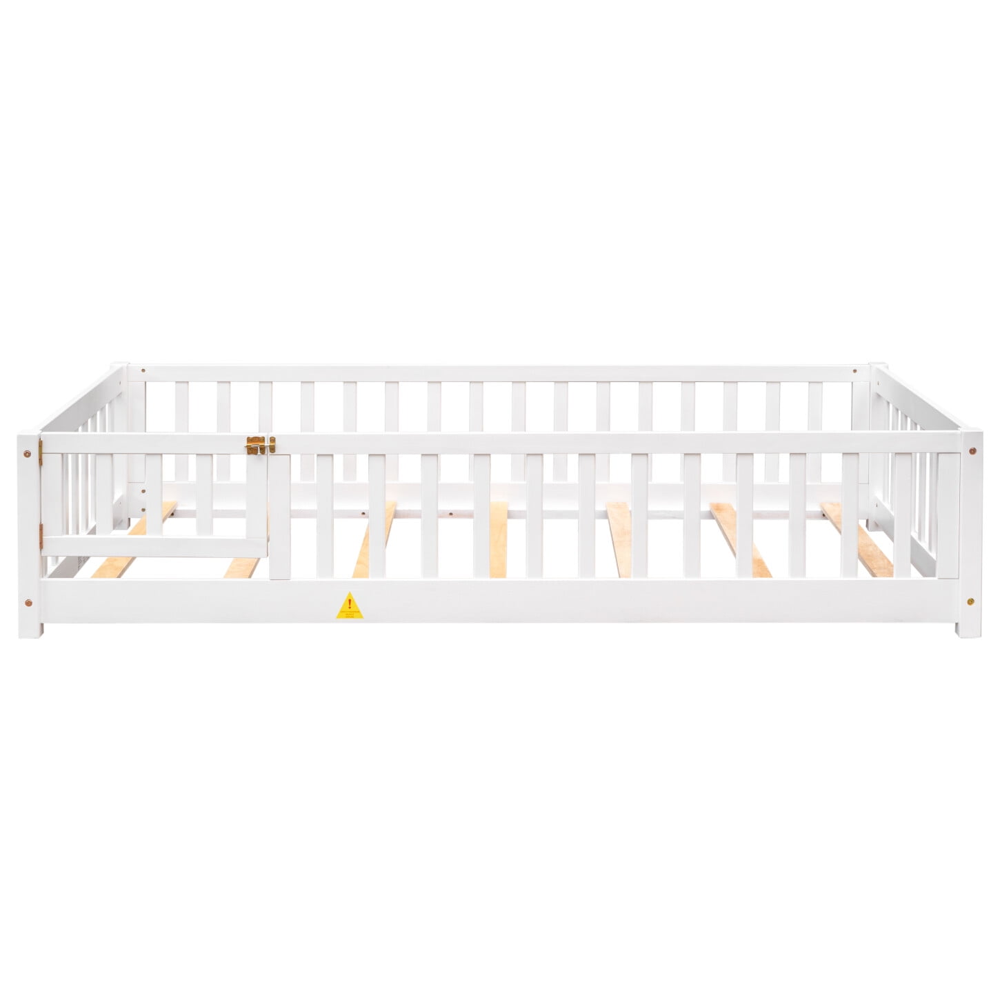 Twin Size Floor Bed, Wood Platform Bed with Fence and Door, Montessori Bed Frame with Slats Support, No Box Spring Needed,White