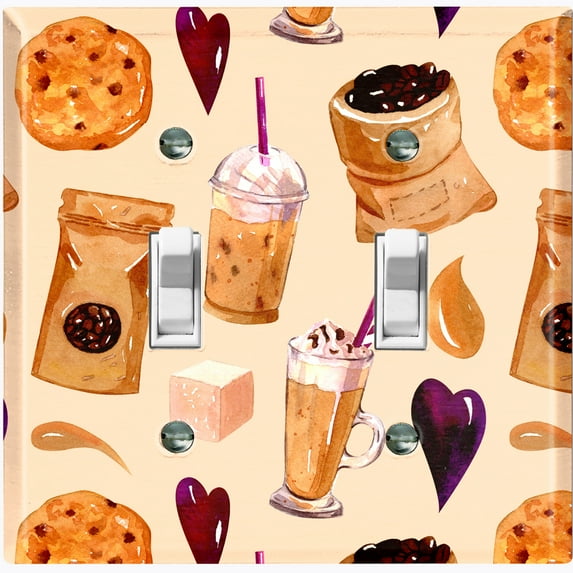 Metal Light Switch Wall Plate Outlet Cover (Coffee Mocha Espresso Grounds Cookie Sugar Treats Love Caramel Shake - Double Toggle)