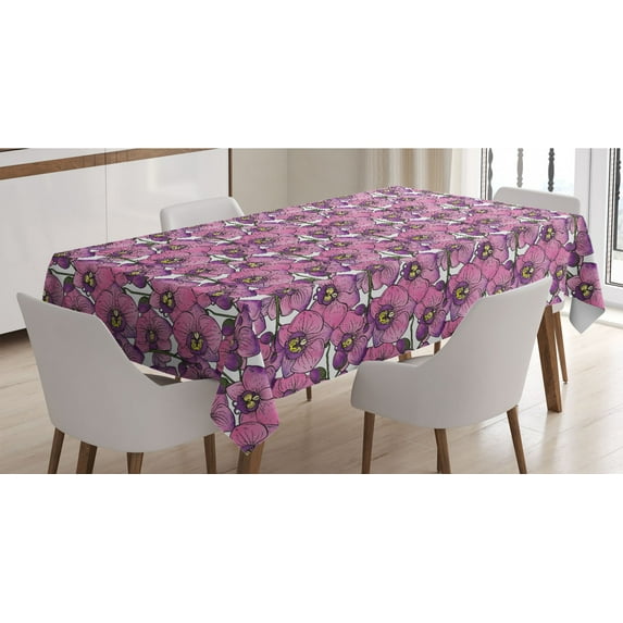 Watercolor Flowers Tablecloth, Exotic Orchid Branch Tropic Essence Romantic Blossom Bouquet, Rectangle Satin Table Cover for Dining Room and Kitchen, 60" X 90", Pink Violet and Yellow, by Ambesonne