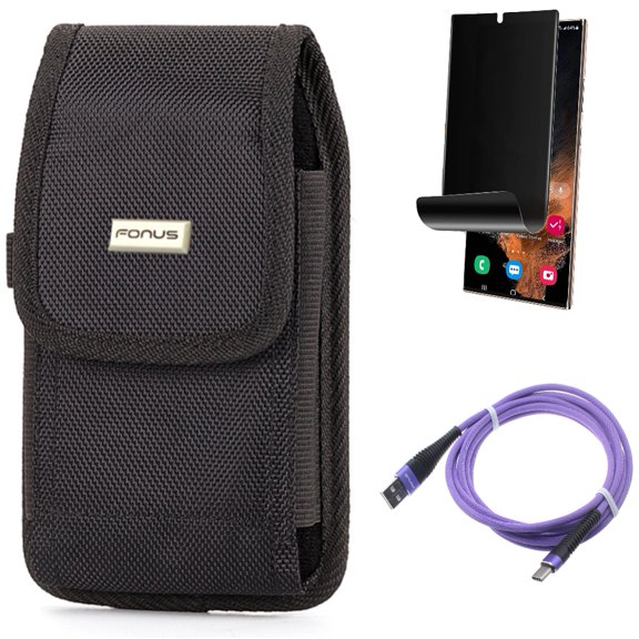 Privacy Screen Protector & 10ft USB Cable & Case Belt Clip for Samsung Galaxy S22 Ultra (6.8") - Combo TPU Film (Fingerprint) Anti-Peep & Purple Type-C Charger Cord & Rugged Holster Canvas