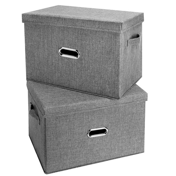 Valease Contenedores de almacenamiento plegables grandes de tela de lino con tapa extraíble y asas Caja de almacenamiento lavable Contenedores organizadores Cestas Cubo con cubierta para dormitorio, a
