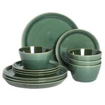 Gibson Elite 12 Piece (Service for 4) Fern Canyon Reactive Glaze Modern Coupe Dishes Stoneware Dinnerware Set - Glossy Green