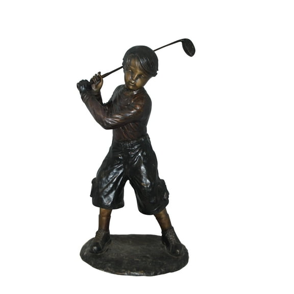 Young Boy Plays Golf Bronze Statue -  Size: 19"L x 21"W x 45"H.