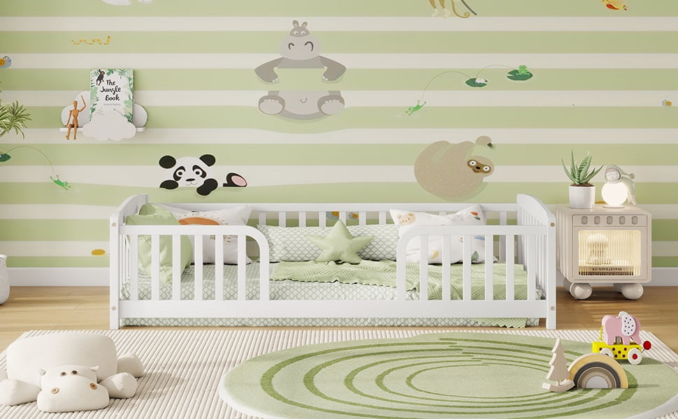Mintazer Twin Size Toddler Floor Bed with Guardrails & Central Entrance, White