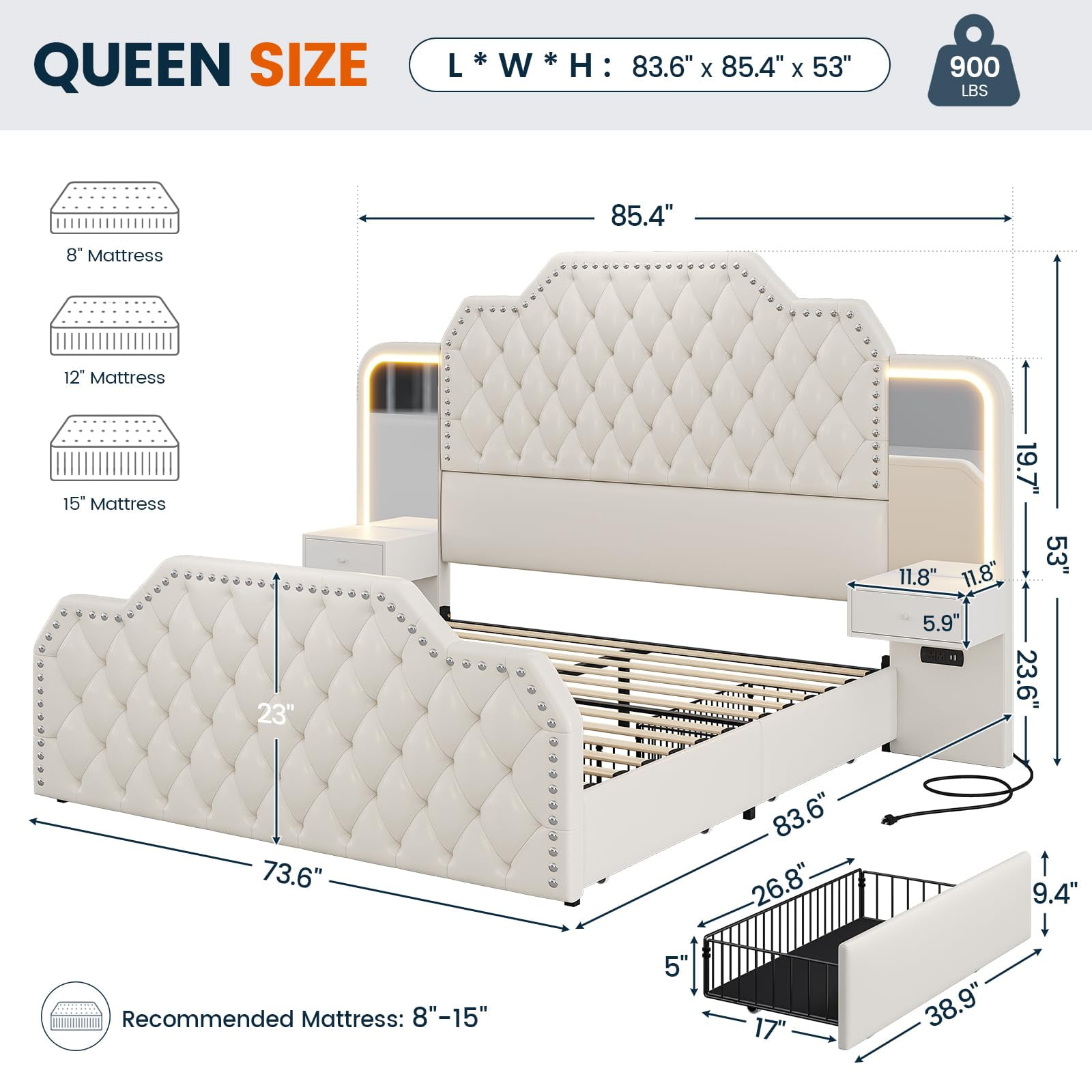 Queen Bed Frame with 2 Nighstands, Power Outlets and 4 Drawers, Upholstered Bed with Vanity Tables and Mirrors, Modern Velvet Tufted Platform Bed with Headboard & Footboard, White