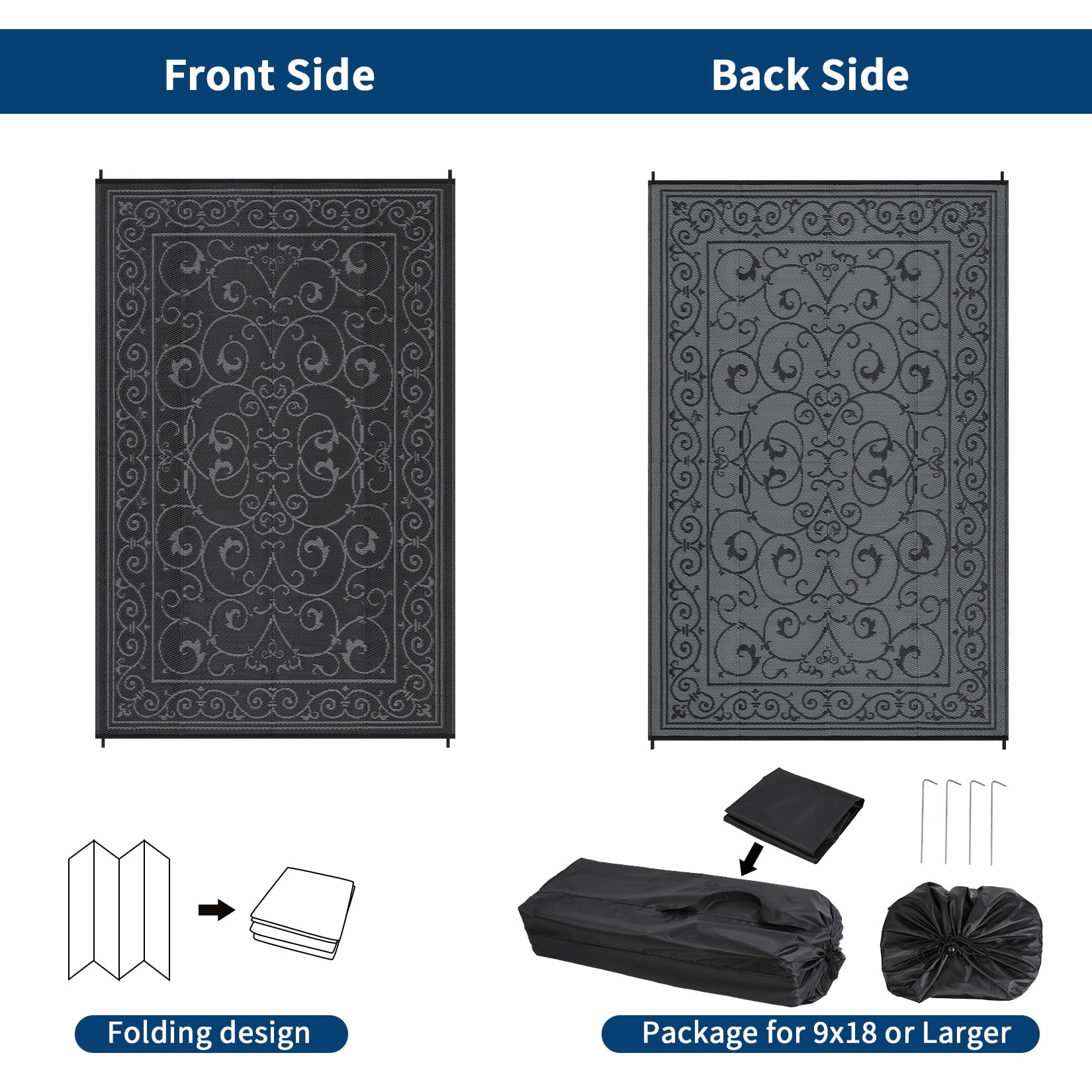HIWEAVER 8' x 10' Black/Gray Outdoor Rug PP Plastic Straw Woven Waterproof Patio Rug with Border Portable Outside Carpet for Balcony Deck Picnic Garden Decor