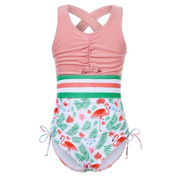 Aideaone Girls One Piece Swimsuit Cute Striped Bathing Suit Drawstring Hawaii Swimwear for Girls 4-13Y