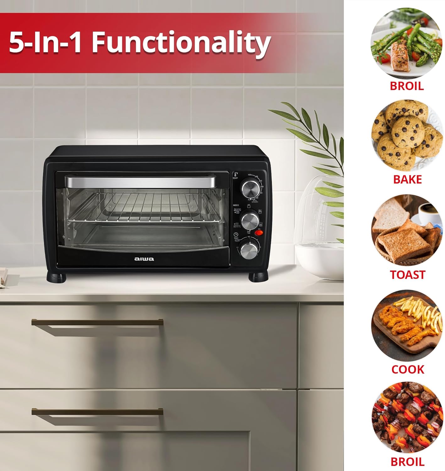 Aiwa Convection Toaster Oven, Countertop Oven with Bake, Toast, & Broil Functions, 1400W, Black