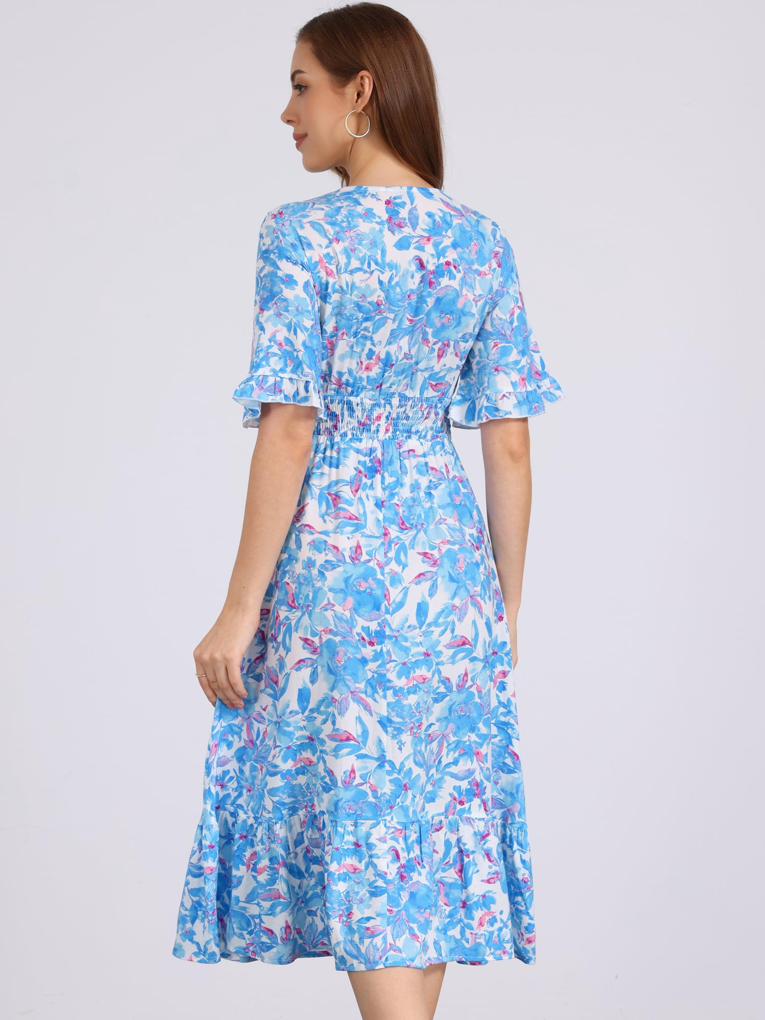 DARING DIVA Floral Summer Casual Ruffled Hem Wrap Midi Dress M Blue White