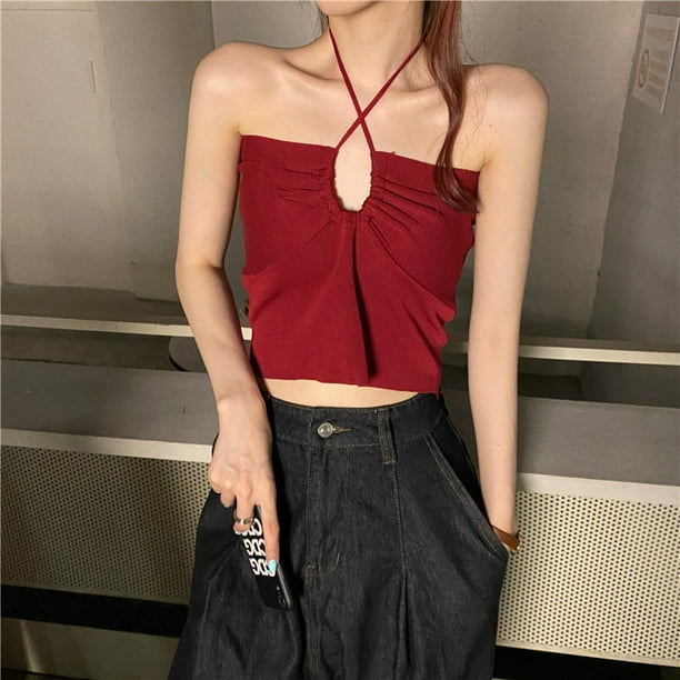 VISgogo Chaleco de color sólido a la moda para mujer Sexy Cross Hollow Exposed Navel Tie-up Halter Tops VISgogo moda
