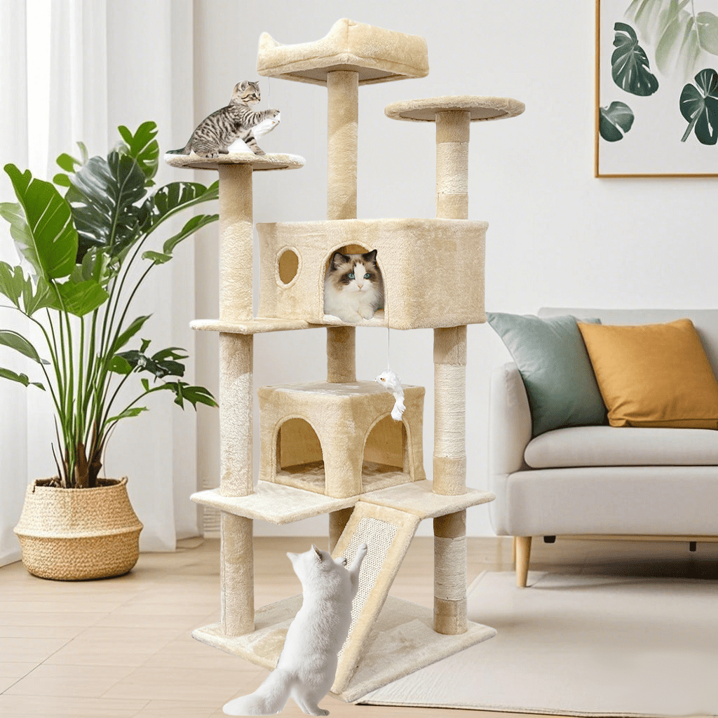 Baohe Indoor Cat Tower 60.6-Inch Modern Cat Tree with Widened Perch, Ideal for Big Cats & Kittens. Multi-Level Design with Scratching Posts, Tunnel, Basket & Cave Condo