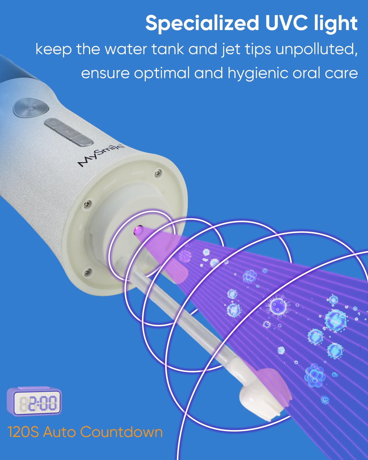 MySmile LP221 OLED Cordless Water Flosser with UVC Sterilizer Light, Portable Oral Irrigator Electric Dental Flosser Picks for Teeth Cleaning, Braces, Gums, 5 Modes, 8 Jet Tips, Travel Bag, White